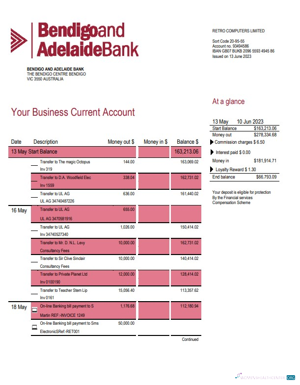 Download Bendigo and Adelaide Bank company account statement Word and PDF template Photoshop template